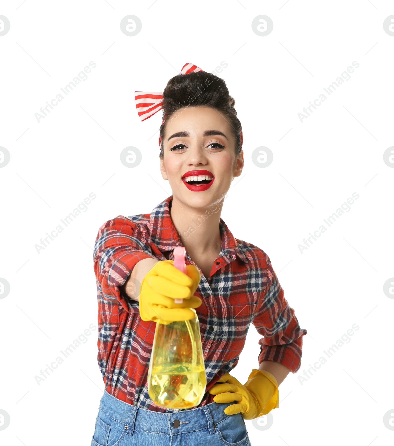 Photo of Funny young housewife with detergent on white background