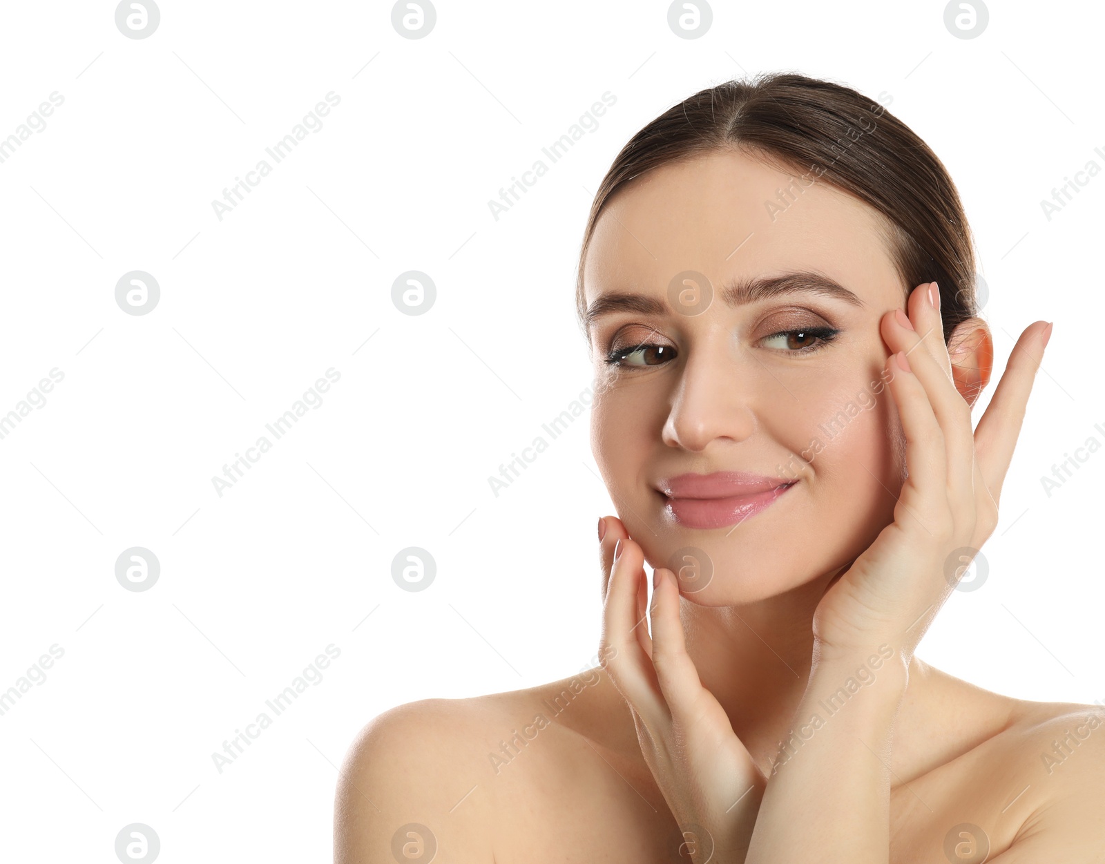 Photo of Portrait of young woman with beautiful face on white background