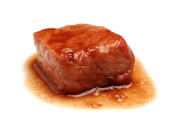 Piece of delicious cooked beef isolated on white. Tasty goulash