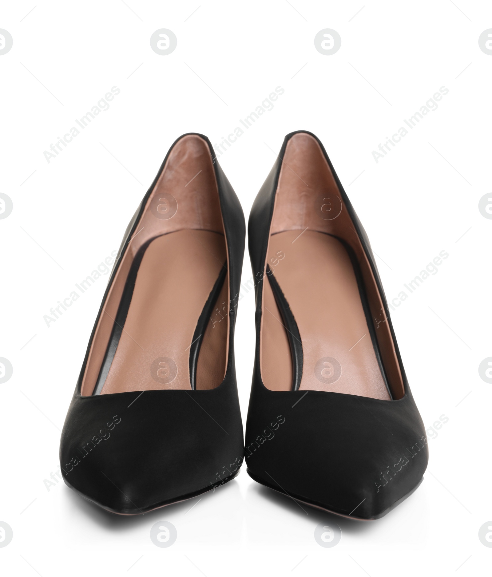 Photo of Pair of elegant black high heel shoes on white background