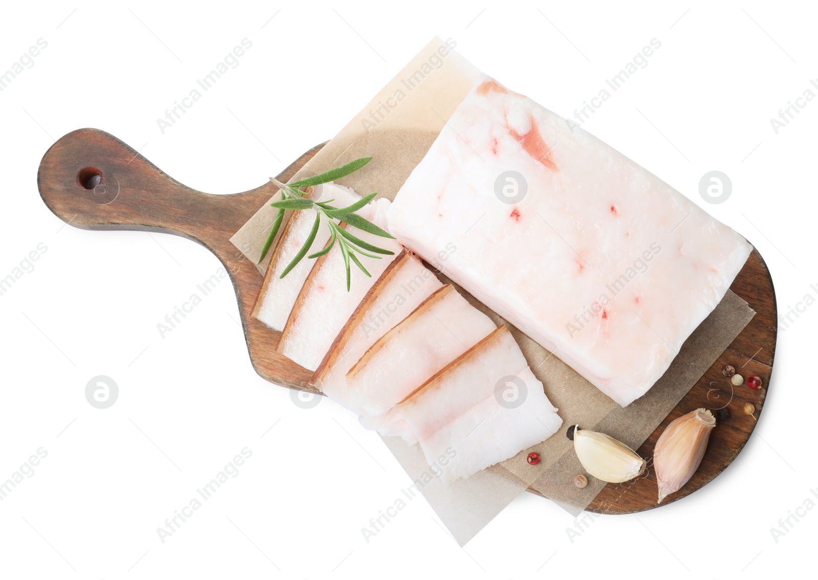 Photo of Pork fatback with rosemary, garlic and peppercorns isolated on white, top view