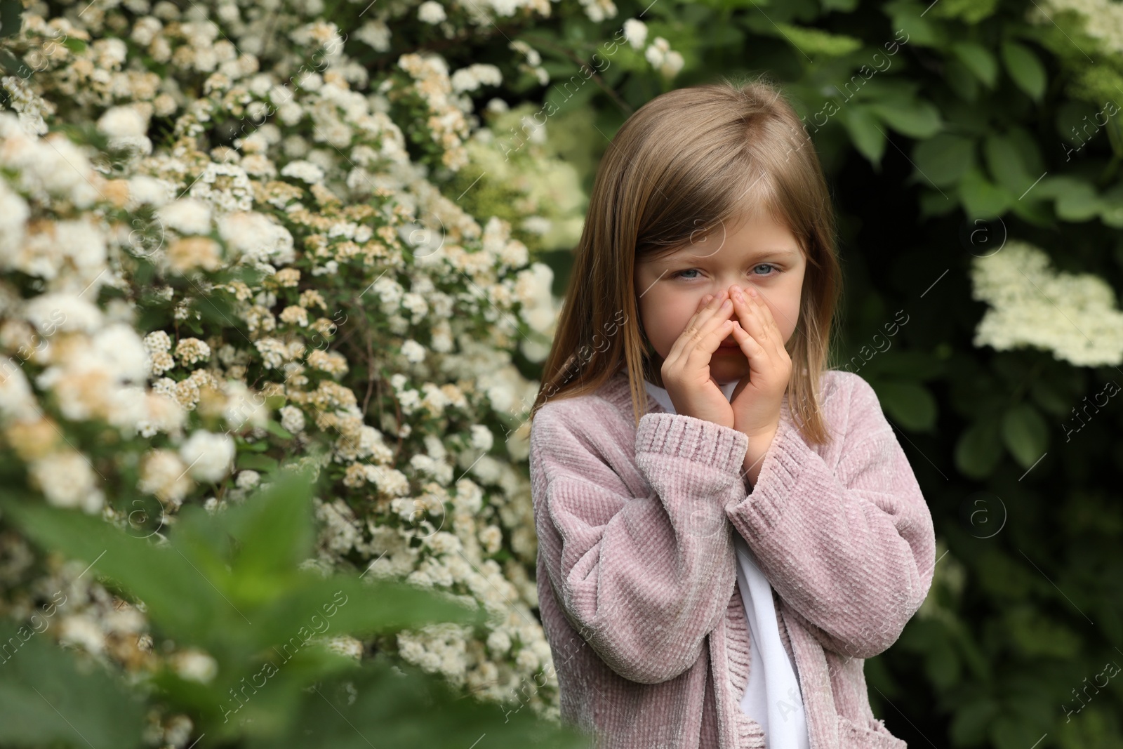 Photo of Little girl suffering from seasonal pollen allergy near blossoming tree on spring day