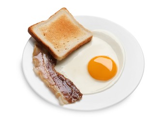 Photo of Tasty fried egg with toast and bacon in plate isolated on white