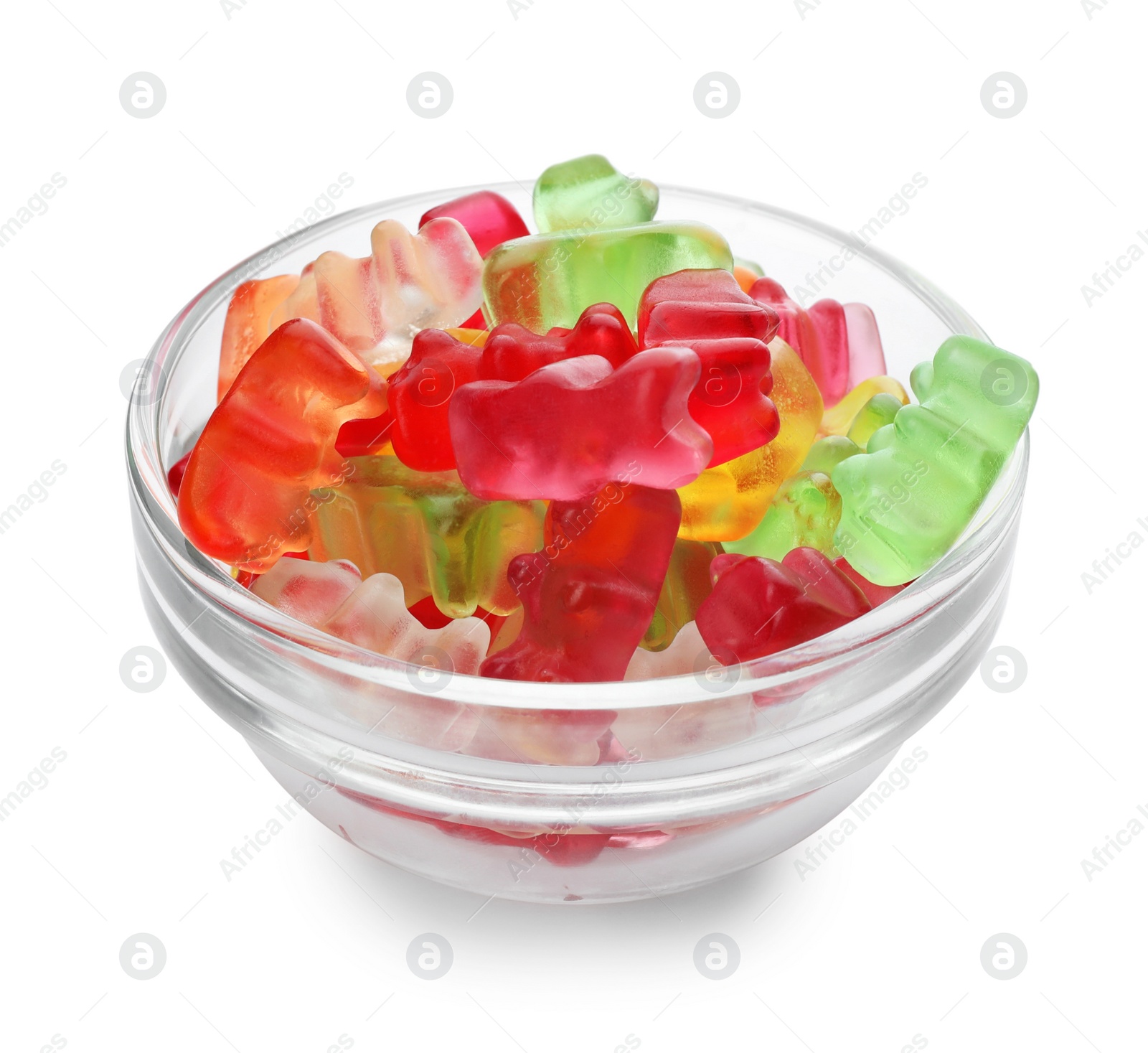 Photo of Glass bowl with delicious jelly bears on white background