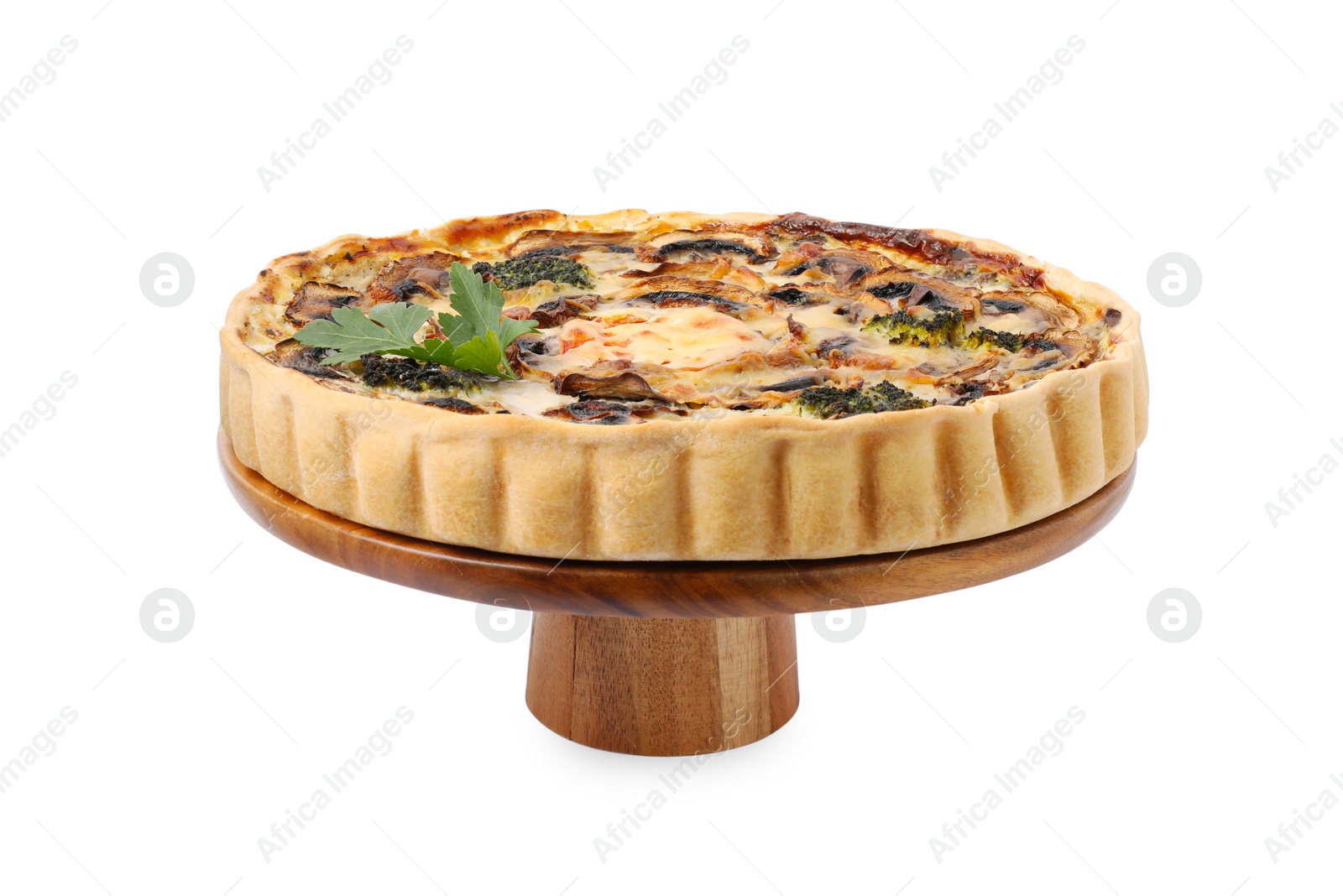 Photo of Delicious quiche with mushrooms isolated on white