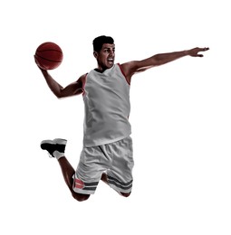 Silhouette of professional sportsman playing basketball on white background