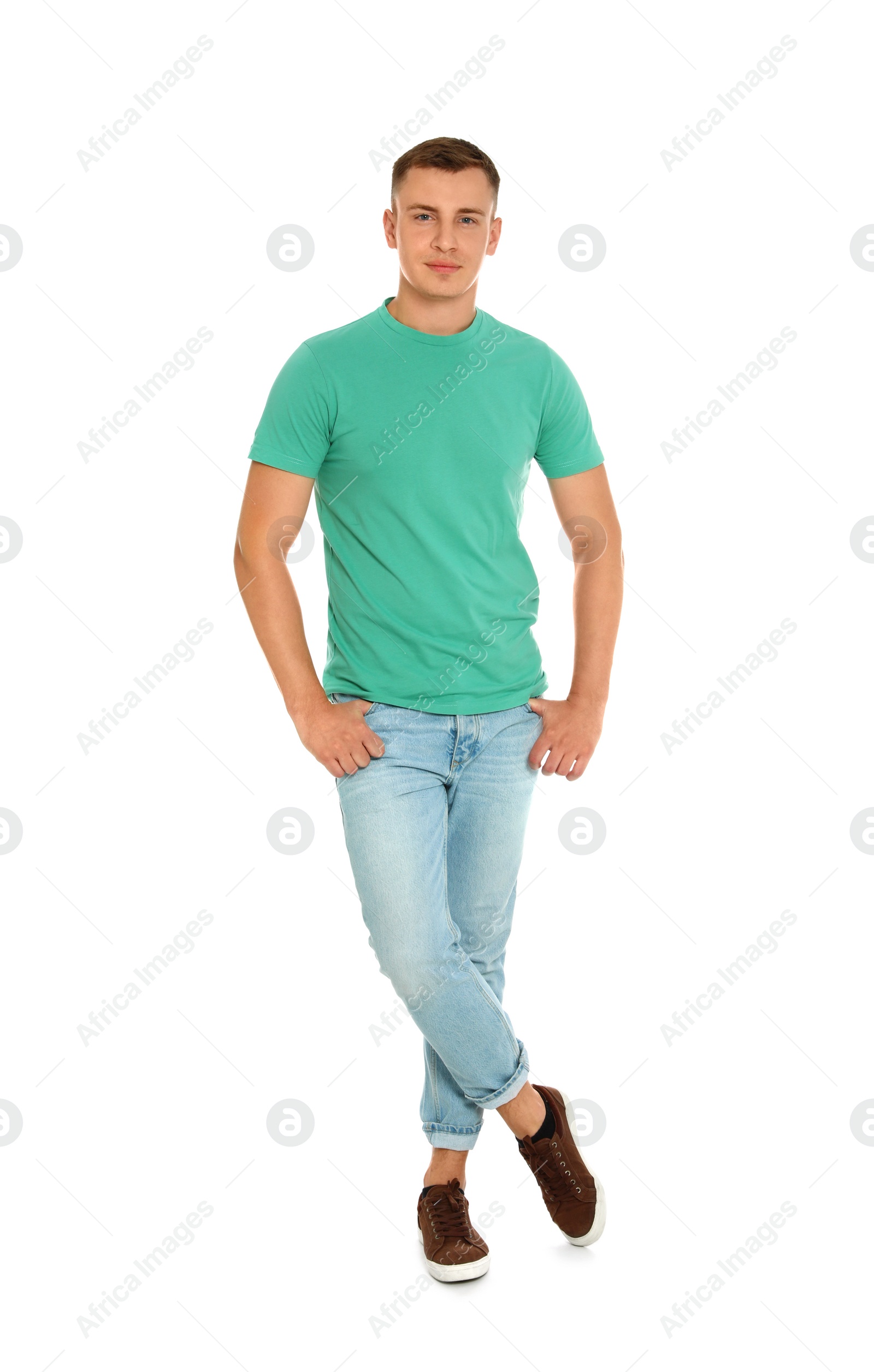 Photo of Full length portrait of young man on white background