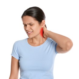 Woman suffering from rheumatism on white background