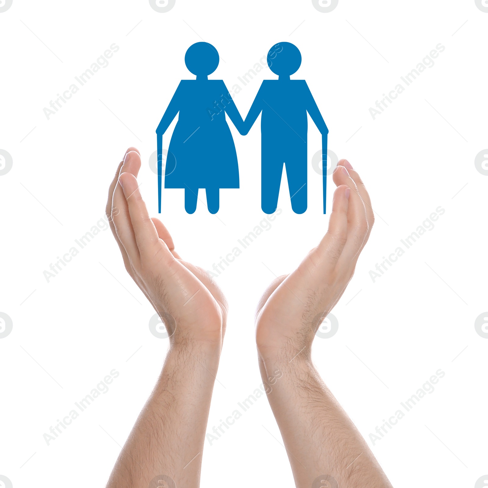 Image of Man demonstrating image of elderly couple on white background, closeup. Retirement concept