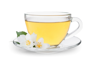 Photo of Cup of tea and fresh jasmine flowers isolated on white