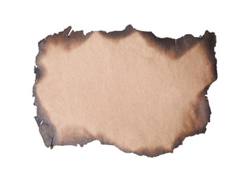 Photo of Piece of brown paper with dark burnt borders on white background, top view. Space for text