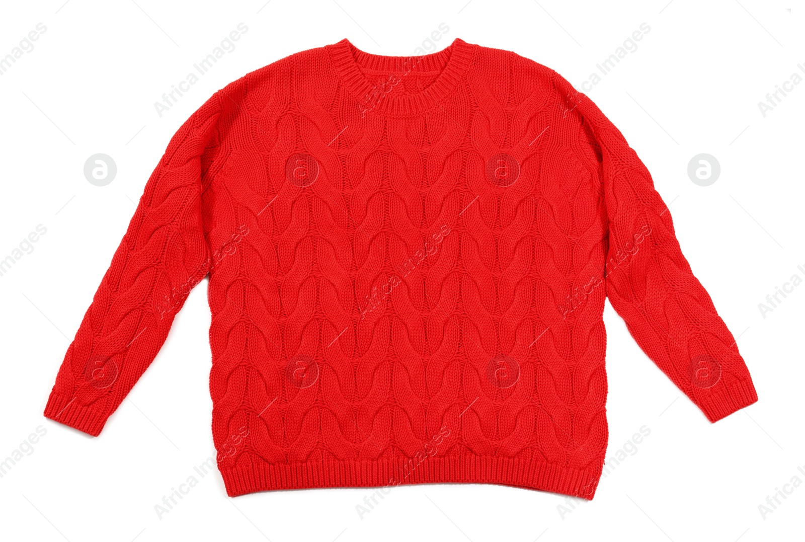Photo of Cozy warm sweater on white background, top view