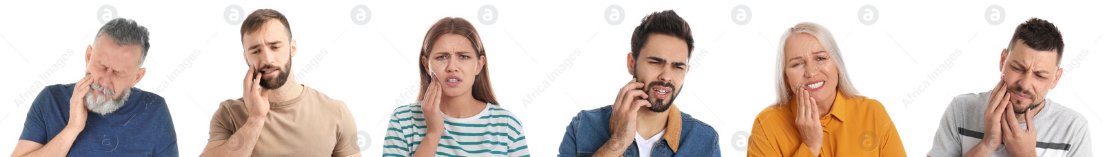 Image of Collage with photos of people suffering from toothache on white background. Banner design