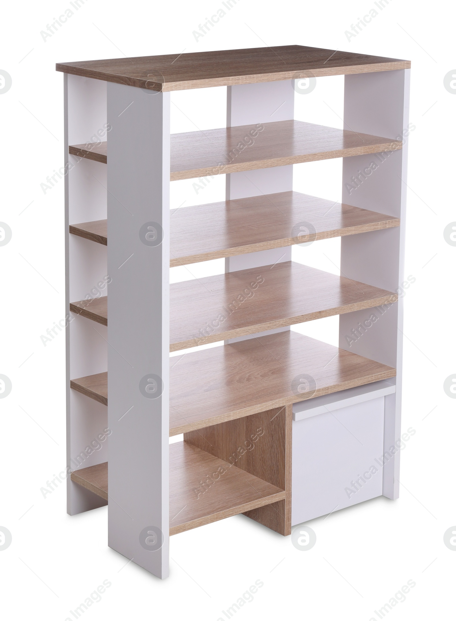 Photo of Empty wooden shoe storage rack isolated on white