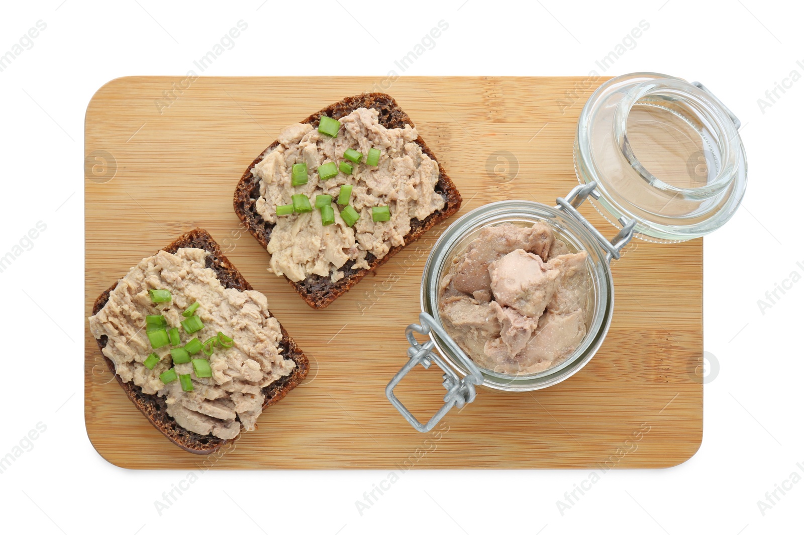 Photo of Tasty sandwiches with cod liver, green onion isolated on white, top view