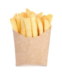 Photo of Paper takeout container with delicious french fries on white background