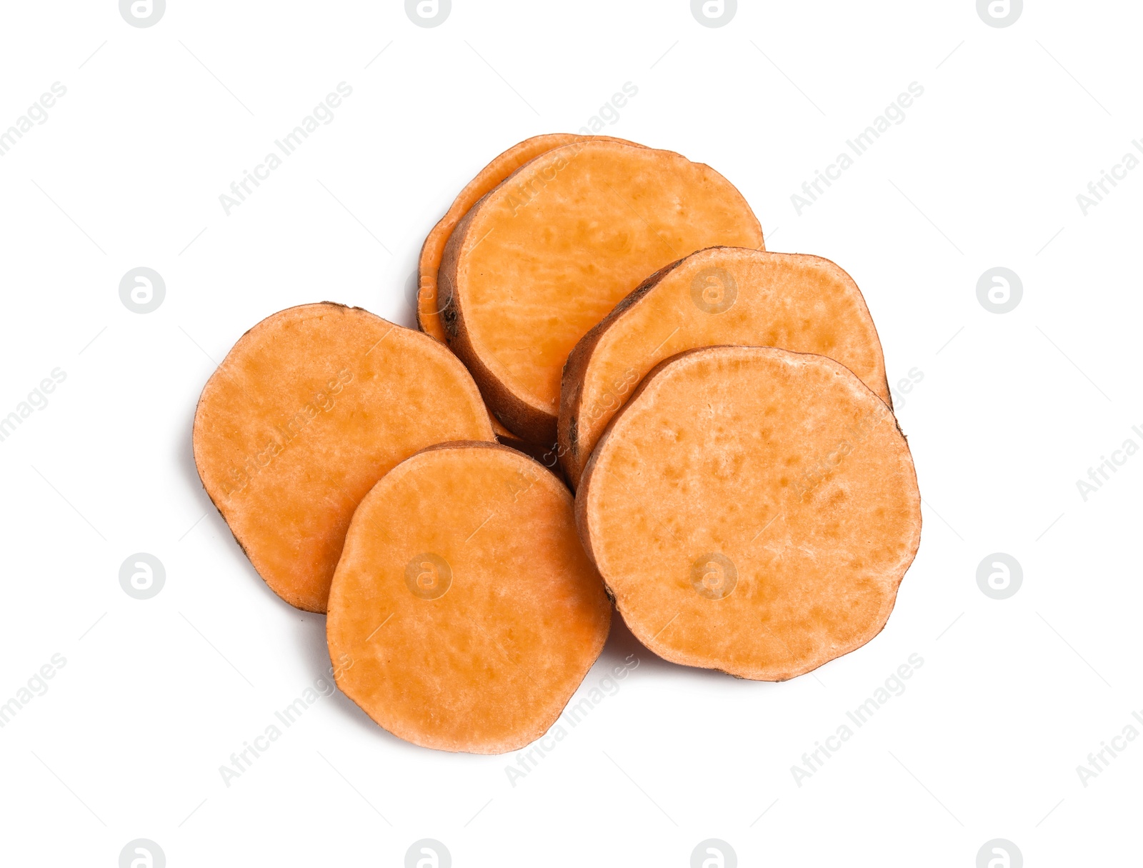 Photo of Slices of ripe sweet potato on white background, top view