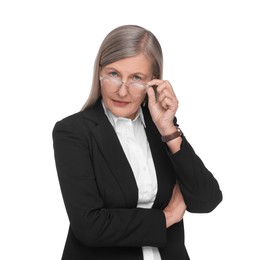 Photo of Portrait of confident woman in glasses on white background. Lawyer, businesswoman, accountant or manager