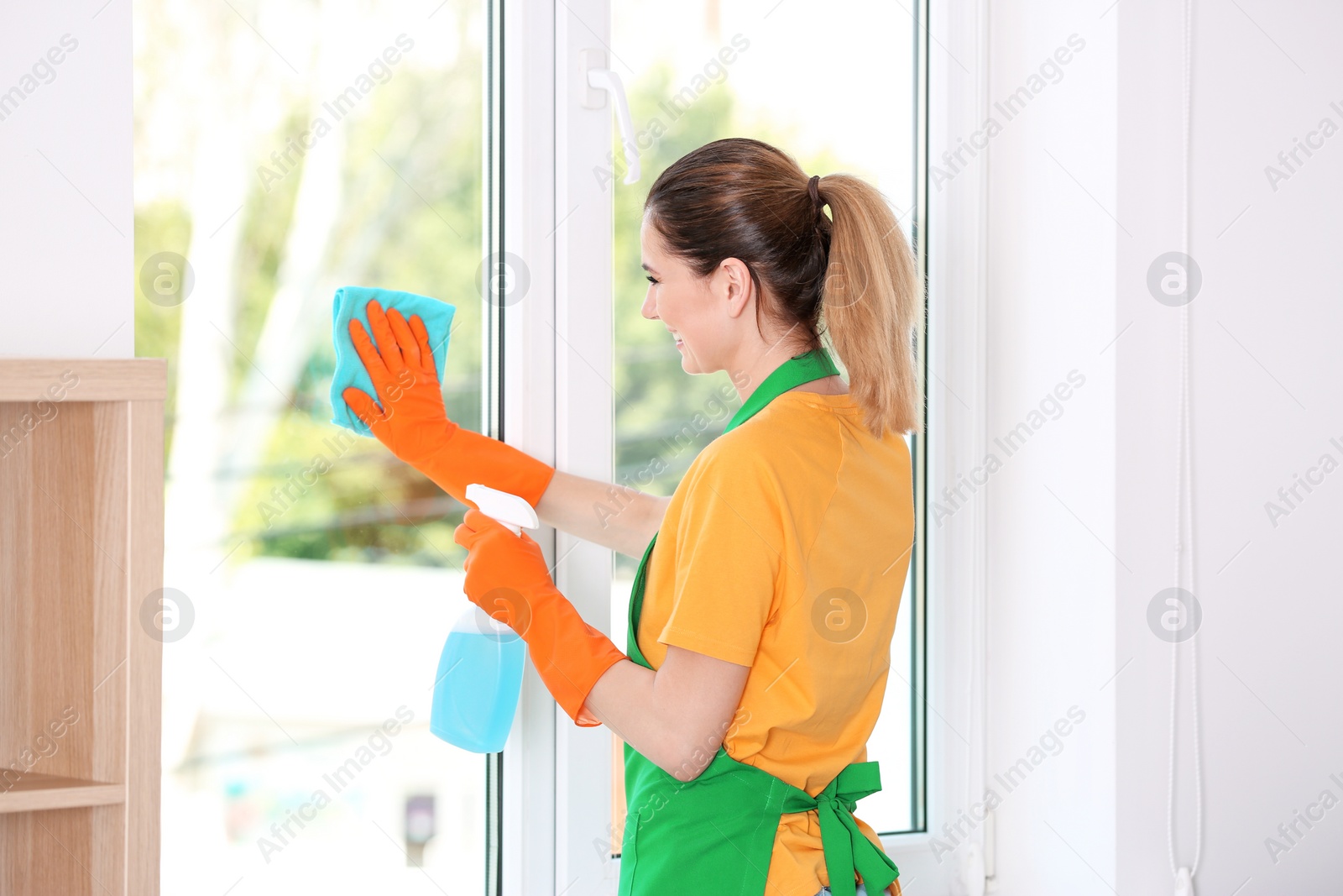 Photo of Young woman cleaning window with rag indoors