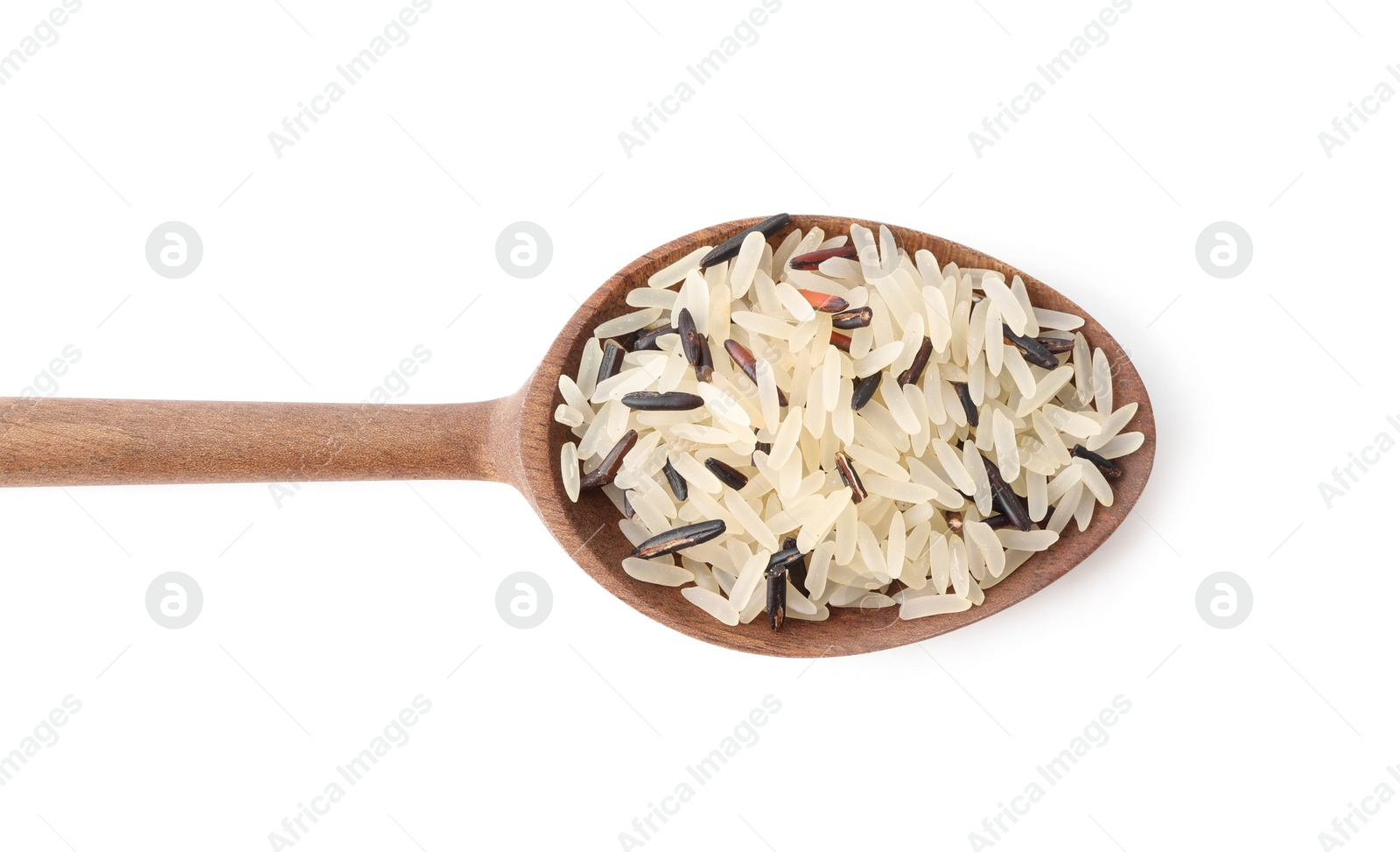 Photo of Mix of brown and polished rice in spoon isolated on white, top view