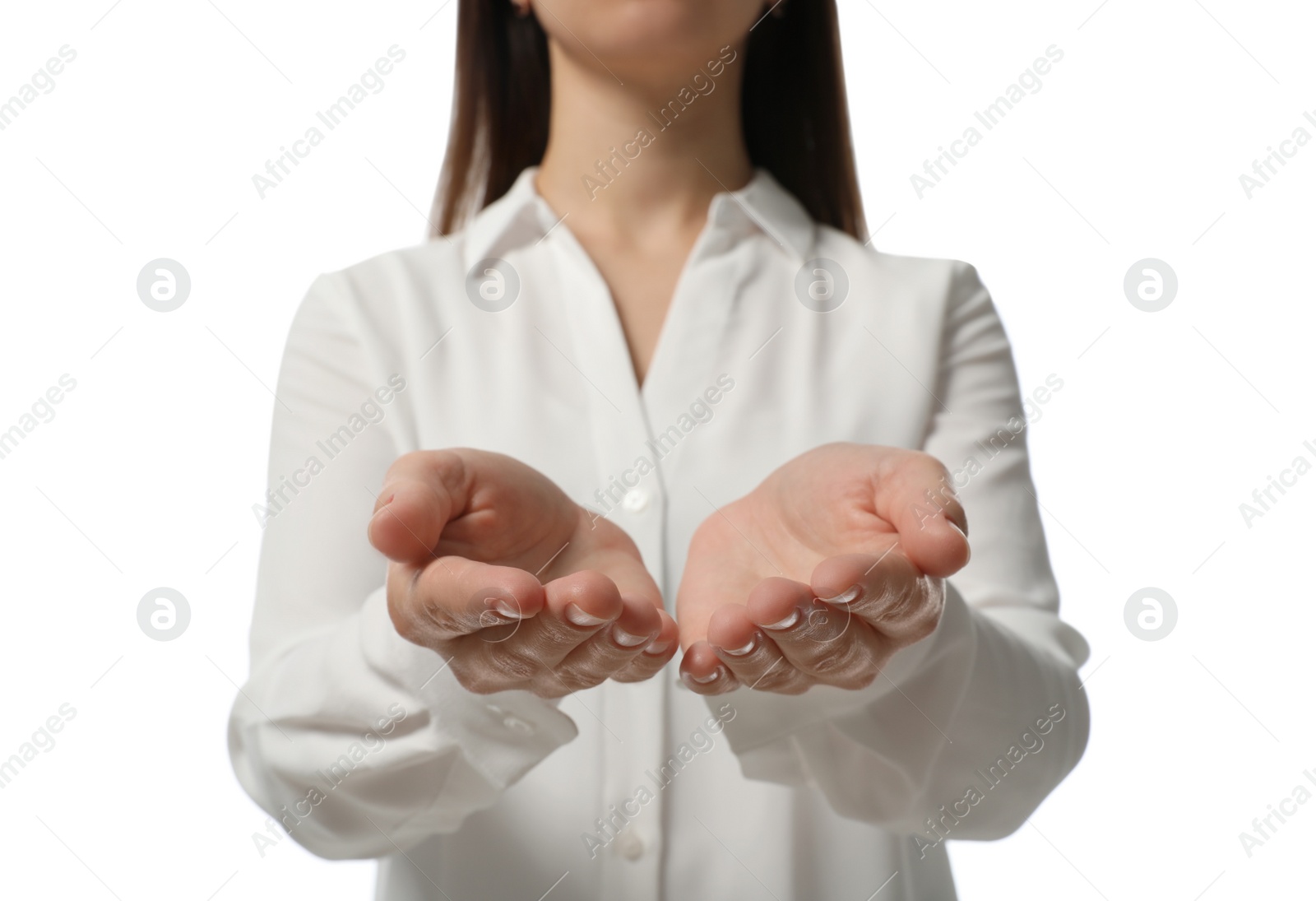 Photo of Businesswoman holding something on white background, closeup