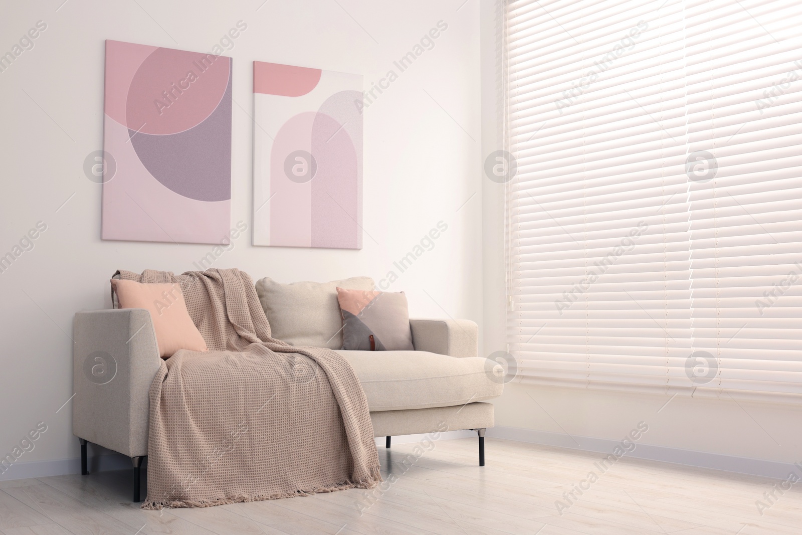 Photo of Cozy sofa with pillows and blanket in living room, space for text. Interior design