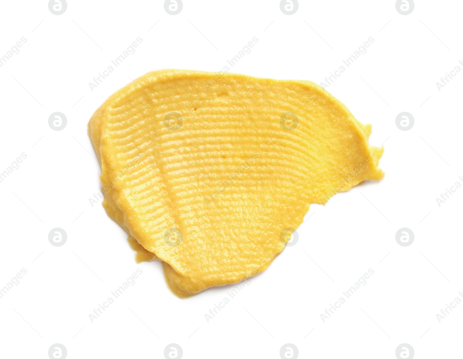 Photo of Smear of delicious mustard isolated on white, top view