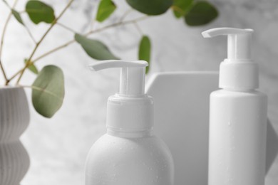 Bottles of face cleansing products and eucalyptus leaves, closeup