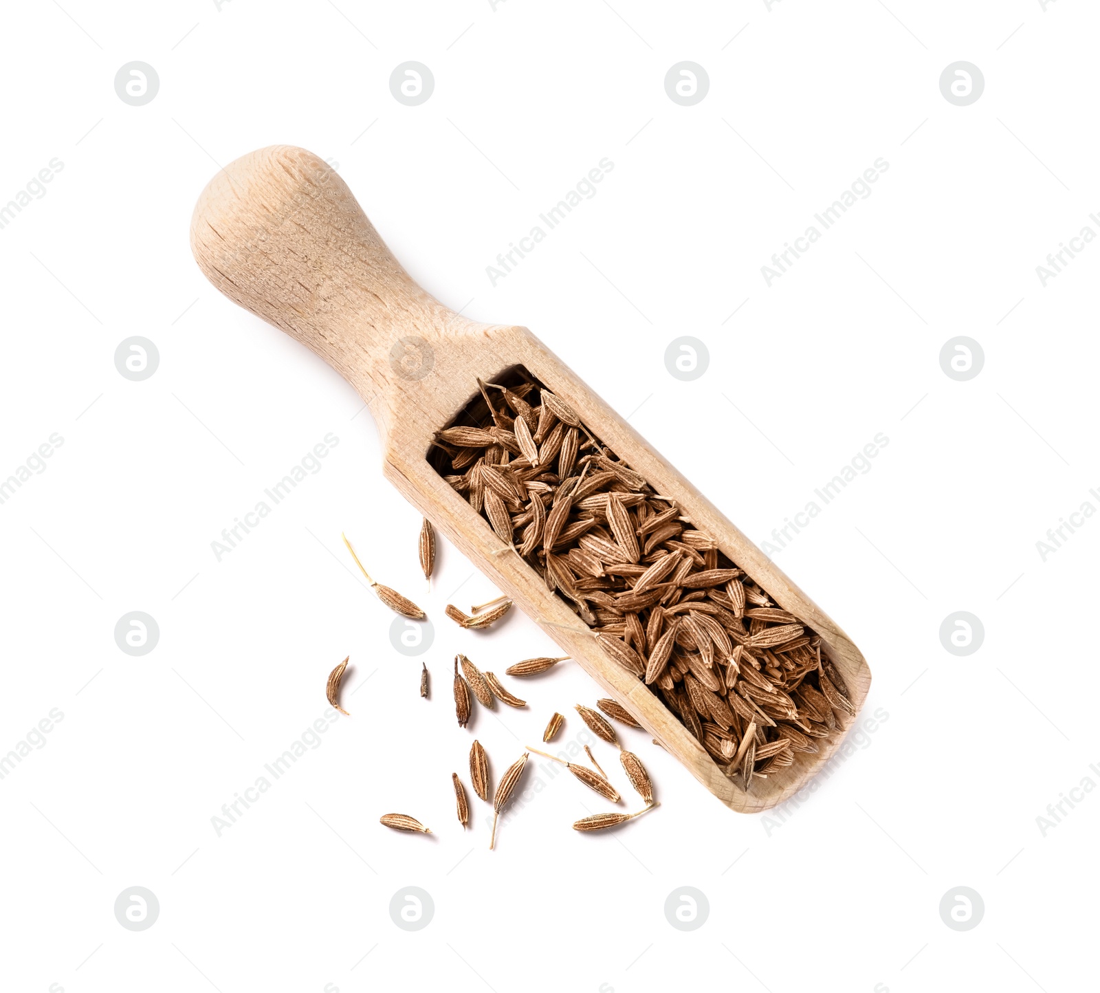 Photo of Scoop of aromatic caraway (Persian cumin) seeds isolated on white, top view