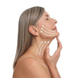 Woman with perfect skin after cosmetic treatment on white background. Lifting arrows on her neck and face