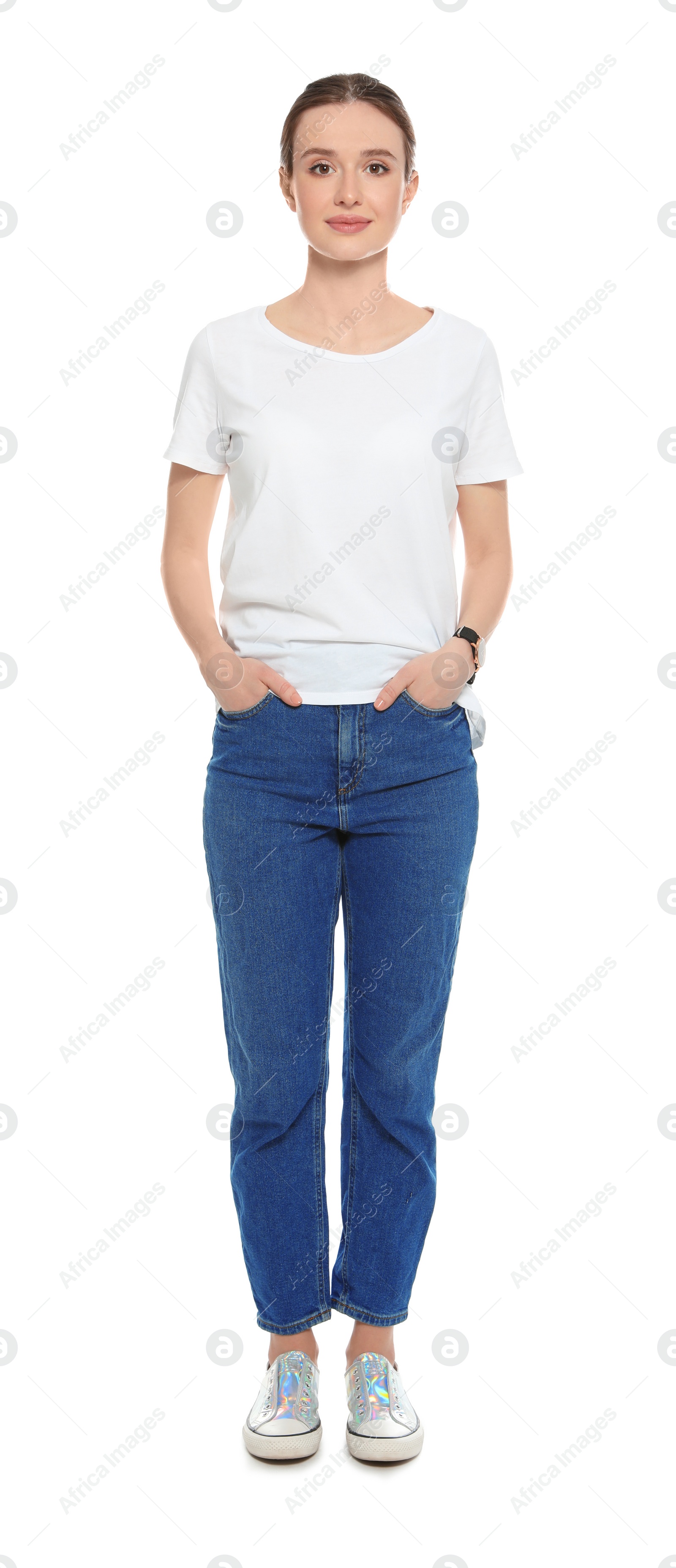 Photo of Young woman in t-shirt on white background. Mock up for design