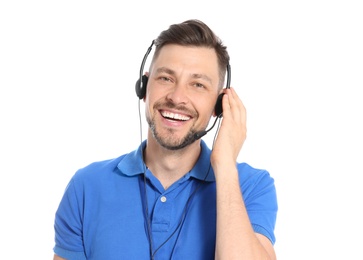 Photo of Male technical support operator with headset on white background