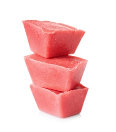 Photo of Tasty berry ice cubes on white background