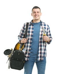 Photo of Young plumber with tool bag on white background