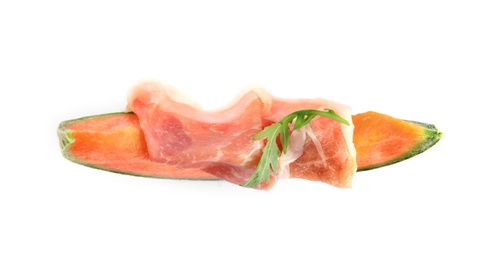 Photo of Slice of fresh melon with prosciutto and arugula on white background, top view