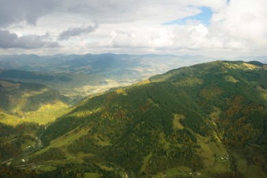 Aerial view of beautiful mountain forest on autumn day