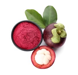 Photo of Mangosteen powder and fruits on white background, top view