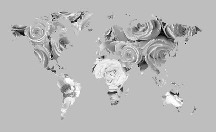 Image of World map made of beautiful flowers on grey background, banner design