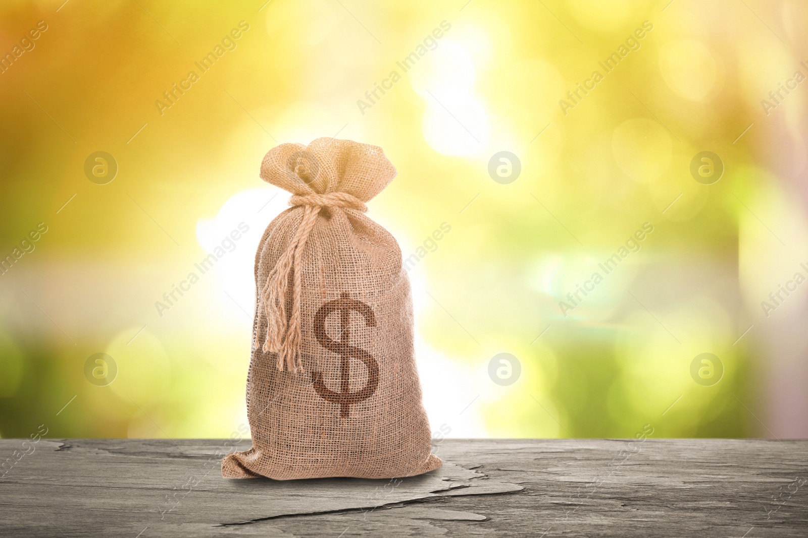 Image of Burlap bag with dollar sign on black slate table against blurred green background