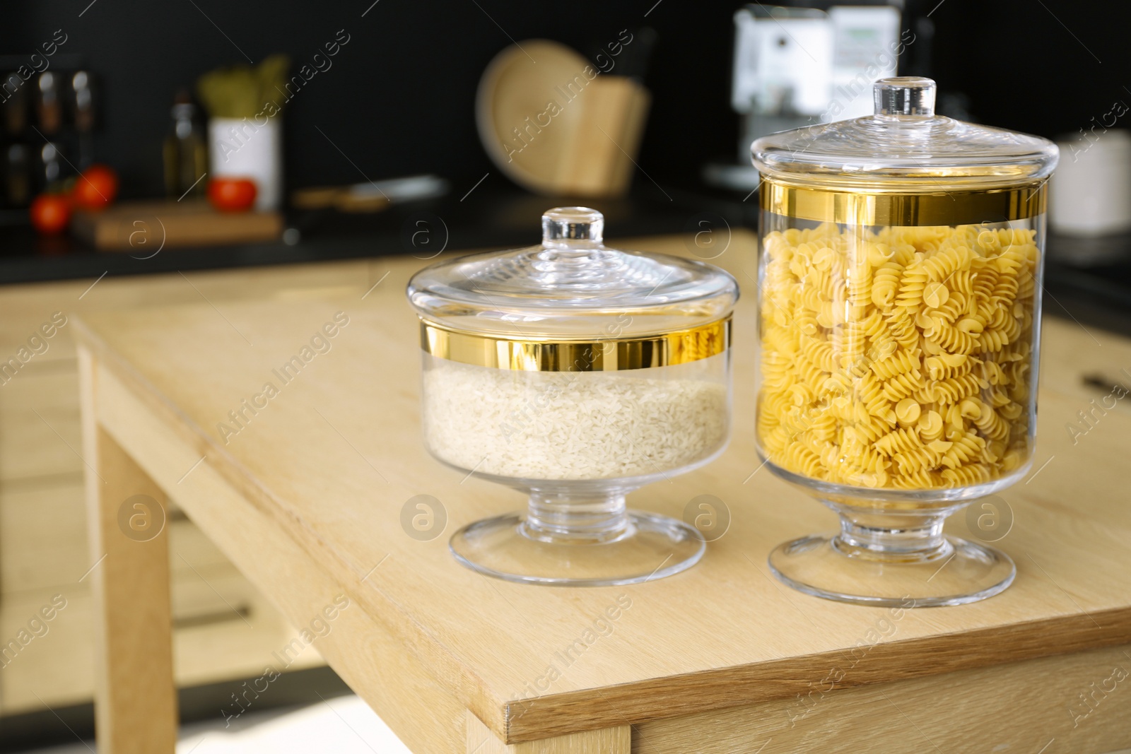 Photo of Products on wooden table in modern kitchen