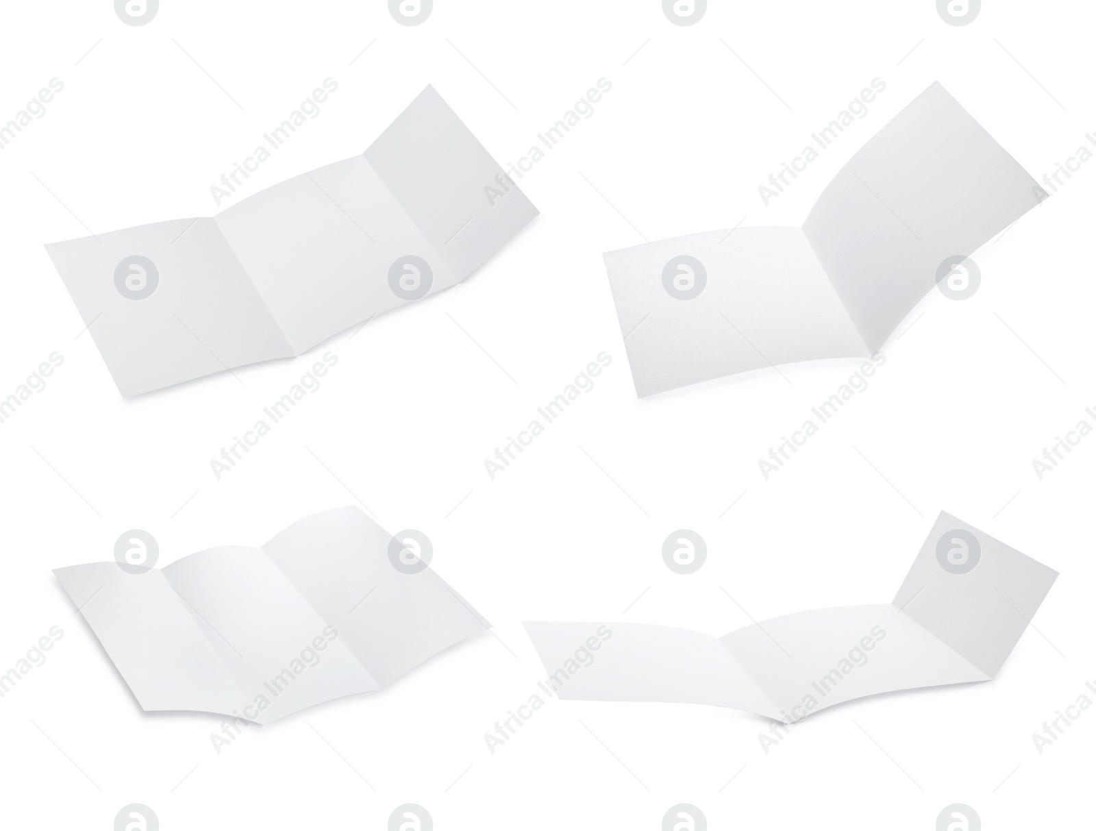 Image of Set with blank paper brochures on white background. Mockup for design