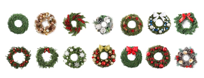 Image of Set with beautiful Christmas wreaths on white background, banner design