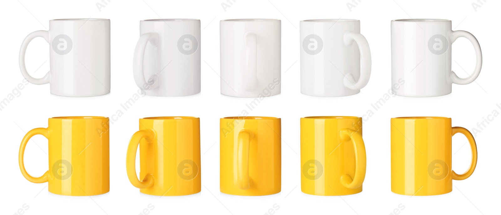 Image of Set with different ceramic mugs on white background. Banner design