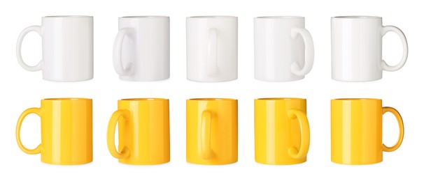 Image of Set with different ceramic mugs on white background. Banner design