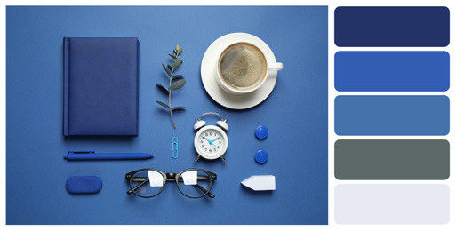 Image of Flat lay composition inspired by color of the year 2020 (Classic blue) on bright background