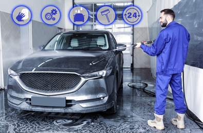 Car wash, full service related icons. Man cleaning automobile with high pressure water jet 