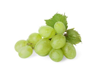 Fresh grapes with leaf and water drops isolated on white