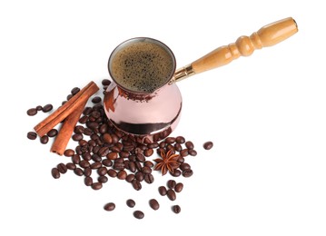 Photo of Turkish coffee. Cezve with hot coffee and spices on white background