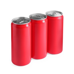 Photo of Energy drinks in red aluminum cans on white background