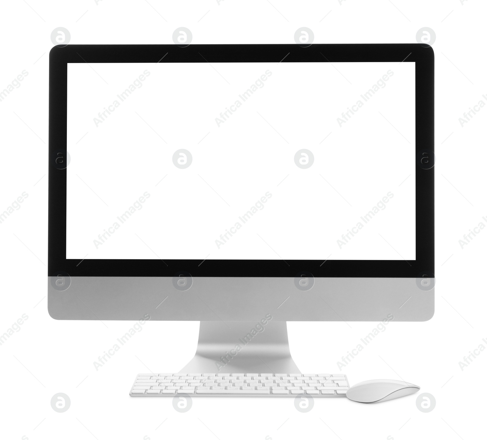 Photo of New computer with blank monitor screen, keyboard and mouse on white background